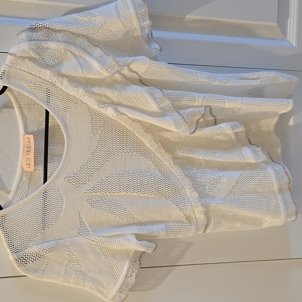 Les Friday White Ruffle Knit Top